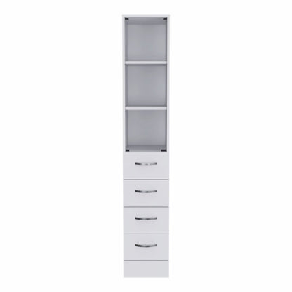 Mueble de baño blanco con puerta de cristal y cajones deslizantes