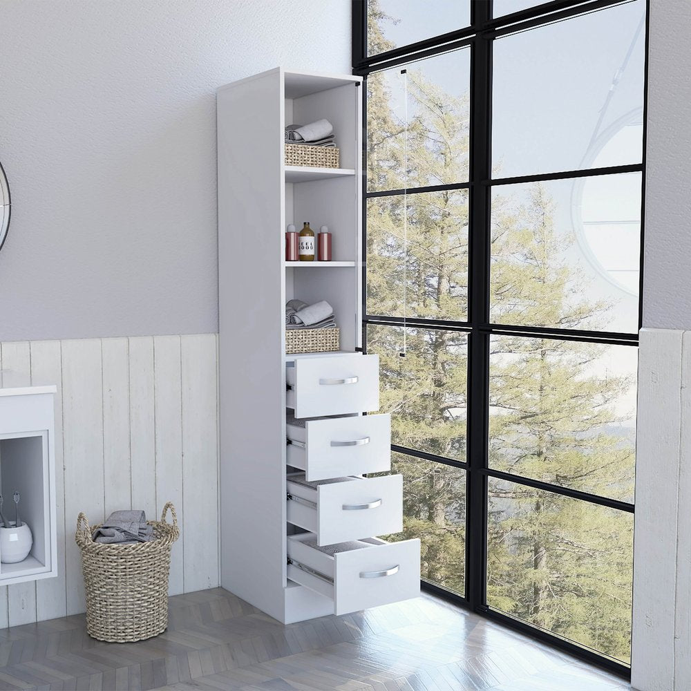 Mueble de baño blanco con puerta de cristal y cajones deslizantes