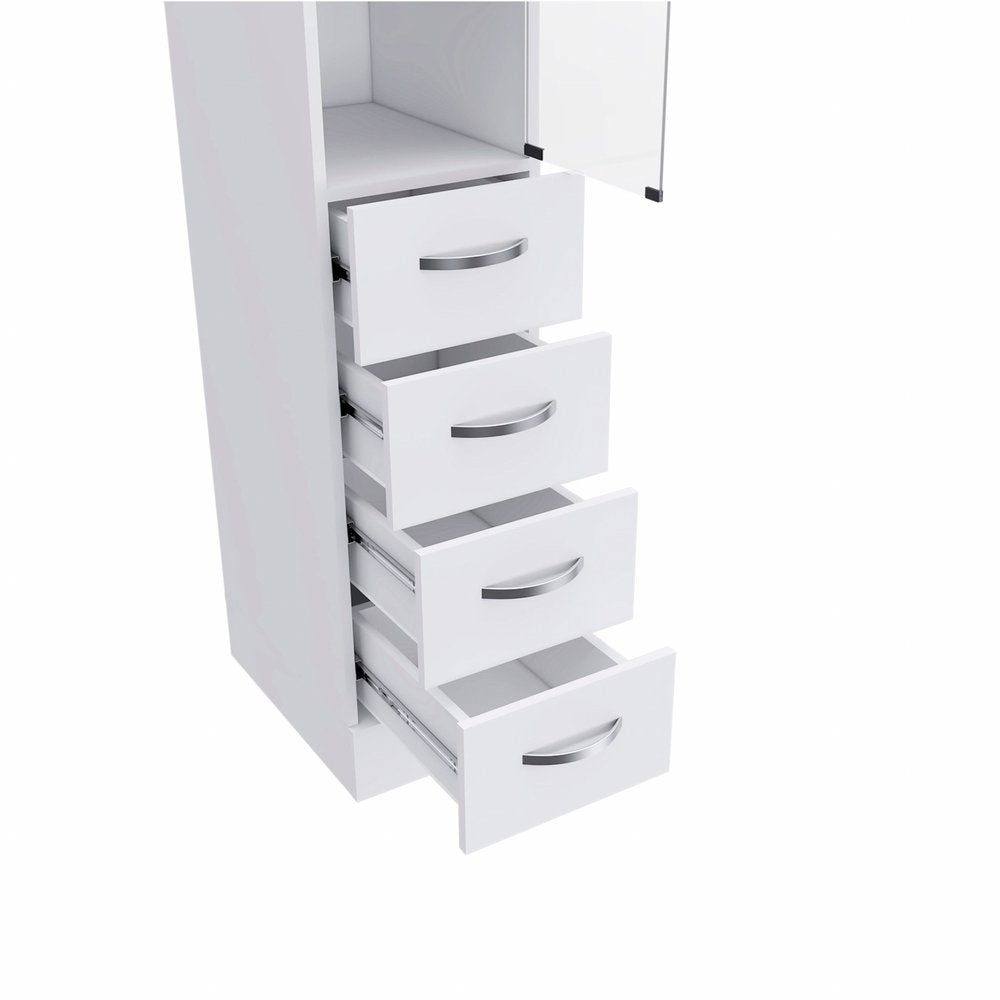 Mueble de baño blanco con puerta de cristal y cajones deslizantes
