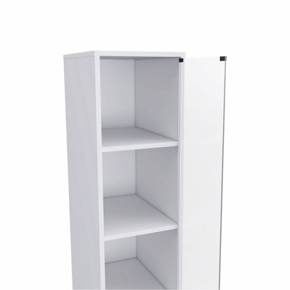 Mueble de baño blanco con puerta de cristal y cajones deslizantes