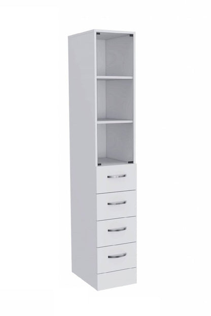 Mueble de baño blanco con puerta de cristal y cajones deslizantes