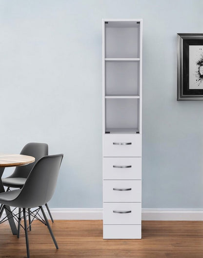 Mueble de baño blanco con puerta de cristal y cajones deslizantes