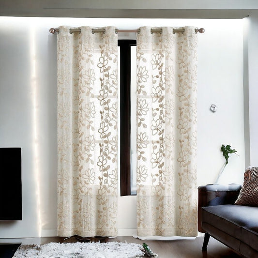 Set of Two 96"  Tan Floral Embroidered Window Panels