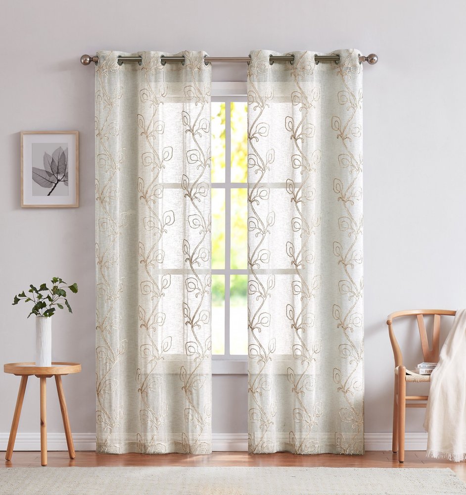 Set of Two 84" Beige Boho Embroidered Window Panels
