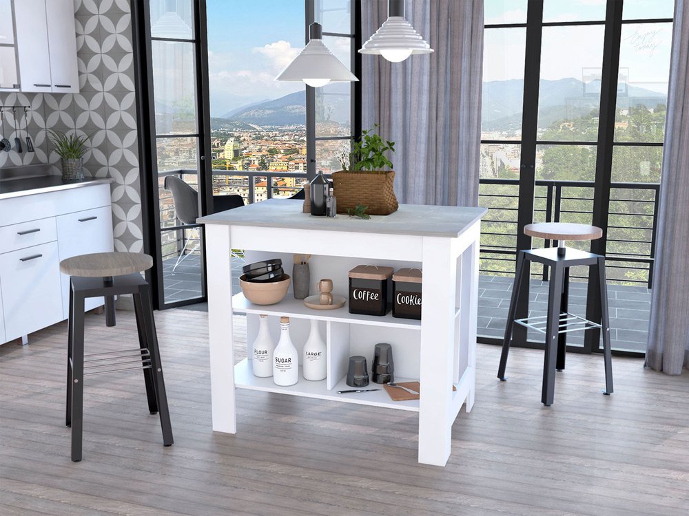 Isla de cocina blanca y gris de 41" con almacenamiento