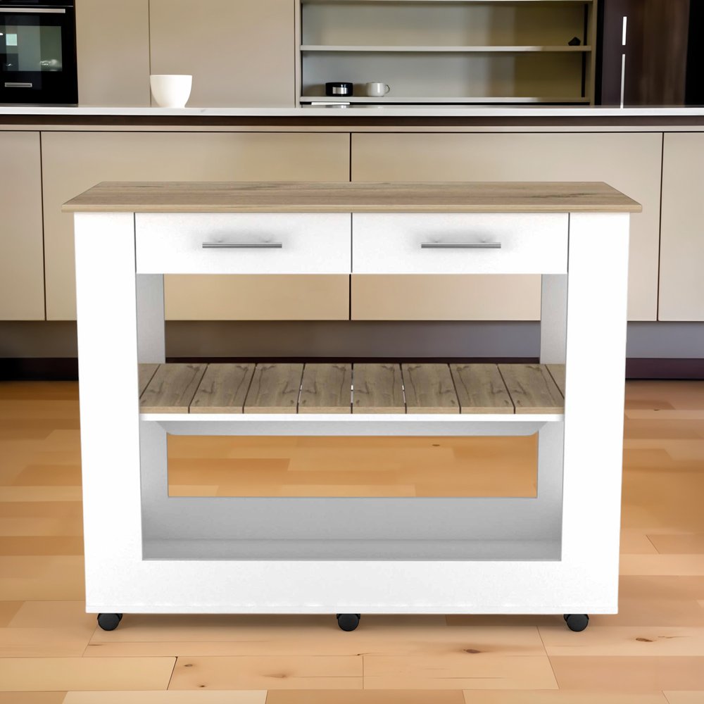 Carrito de cocina con ruedas de 40" blanco y marrón con almacenamiento