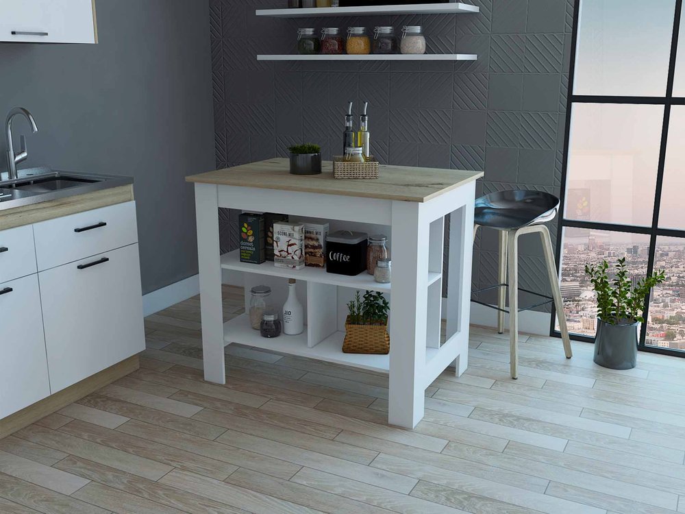 Isla de cocina blanca y marrón de 41" con almacenamiento