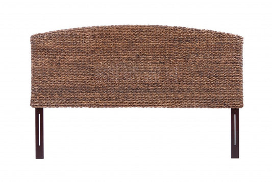 Cabecero Queen curvo de hoja de plátano tejido rústico y natural en marrón