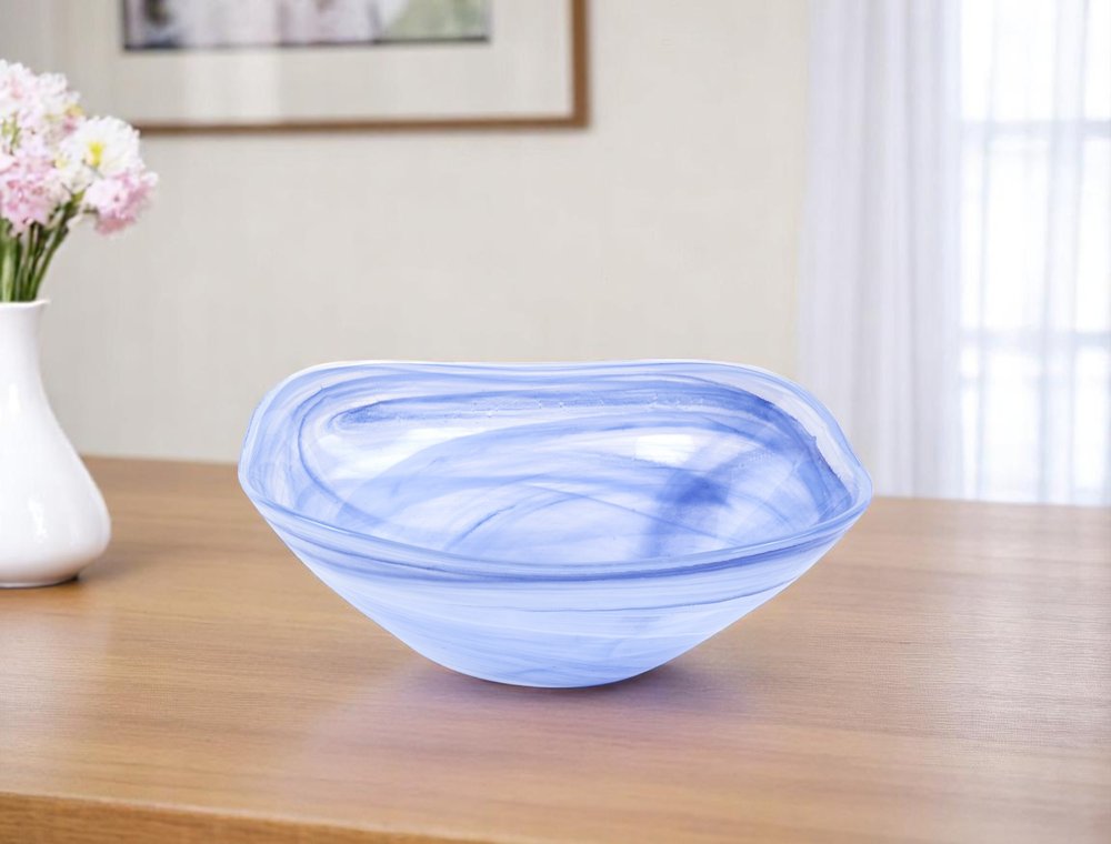10" Blue And White Alabaster Glass Square Salad Bowl