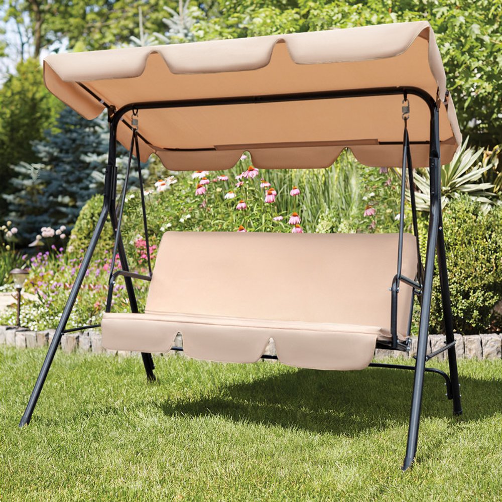 Columpio de exterior de acero beige de 65" con cojín beige