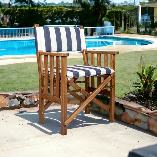 Silla de director de 20" de madera maciza azul y blanca y natural para interiores y exteriores con cojín azul y blanco