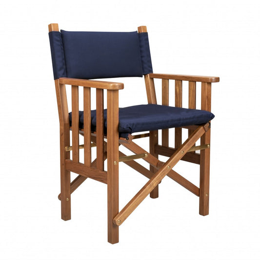 Silla de director de 20" de madera maciza azul marino y natural para interiores y exteriores con cojín azul marino
