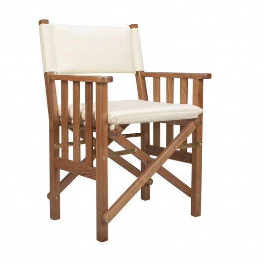 Silla de director de madera maciza de 20" para interior y exterior, color marfil y madera natural, con cojín color marfil.