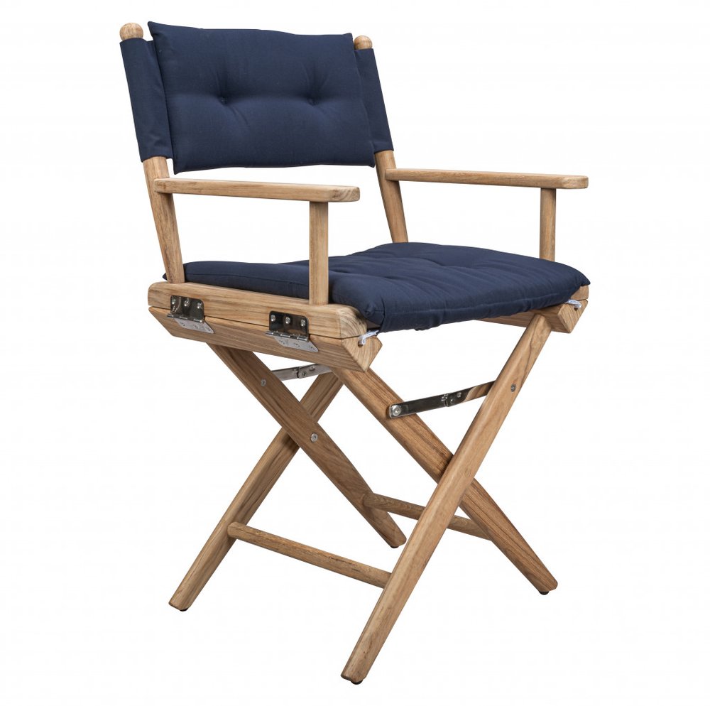 Silla de director de madera maciza azul marino y marrón con cojín azul marino
