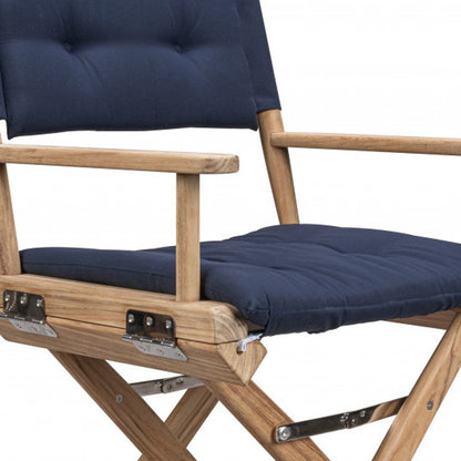 Silla de director de madera maciza azul marino y marrón con cojín azul marino