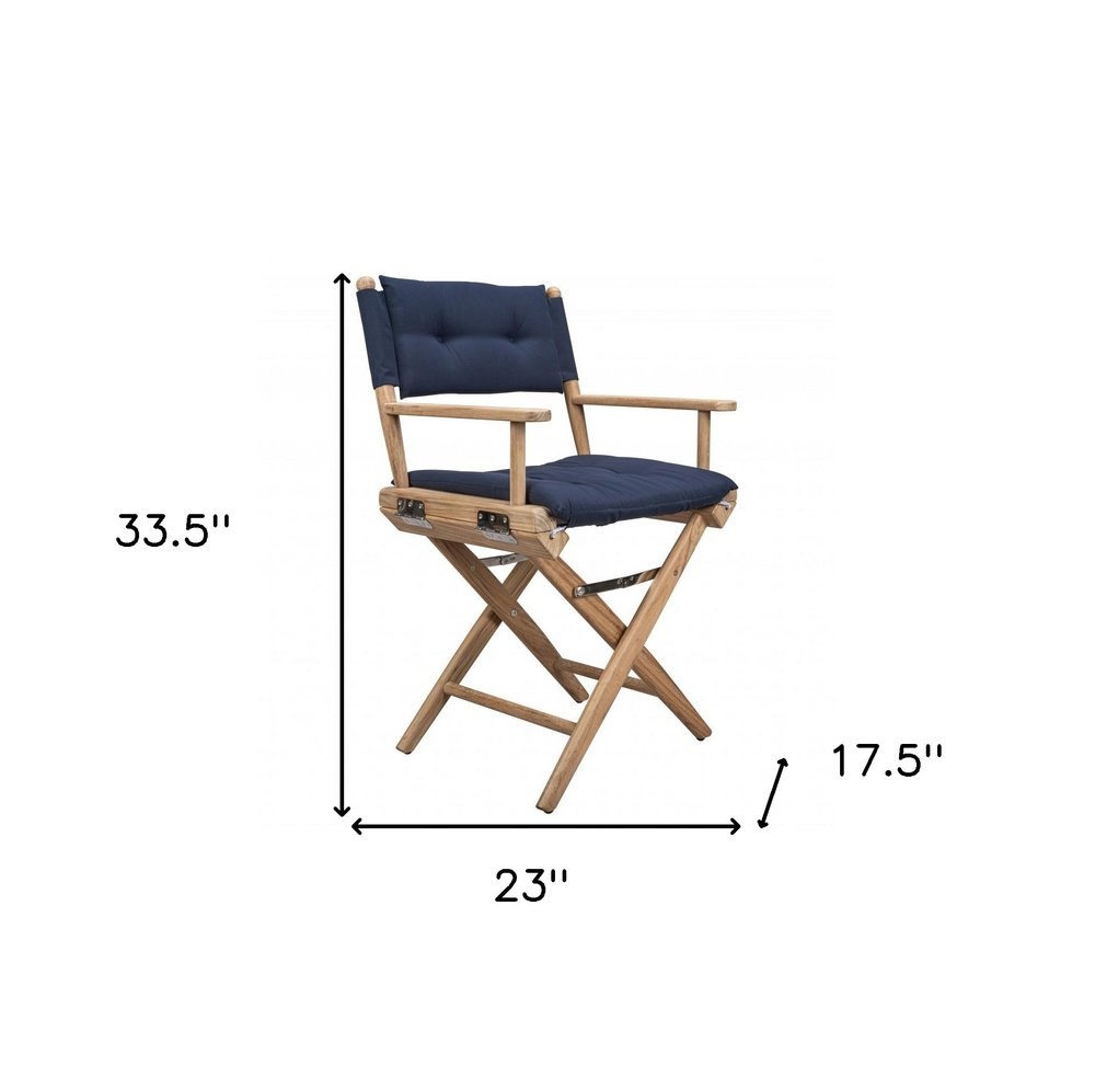 Silla de director de madera maciza azul marino y marrón con cojín azul marino