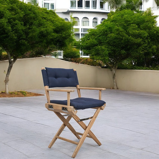 Silla de director de madera maciza azul marino y marrón con cojín azul marino