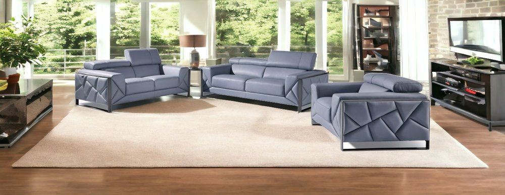 Conjunto de asientos para seis personas en cuero italiano azul claro para interiores de tres piezas
