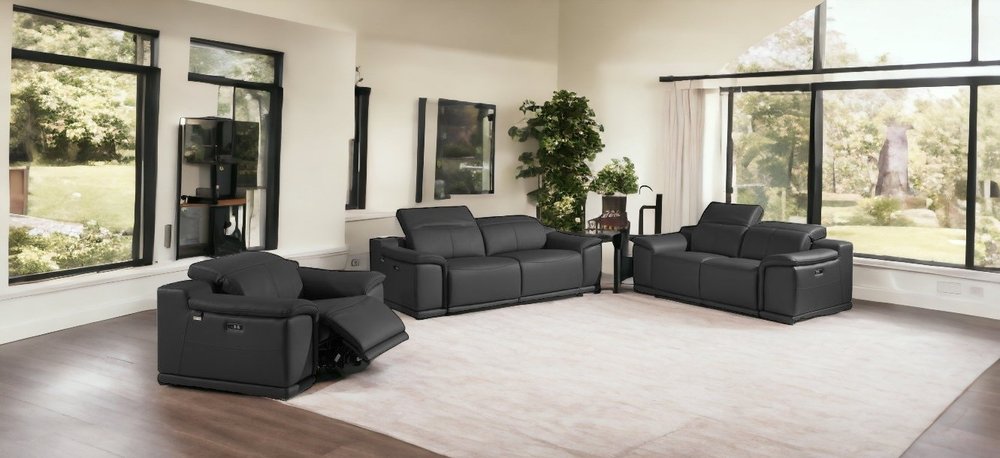 Conjunto de tres piezas para seis personas en cuero italiano gris oscuro para interiores