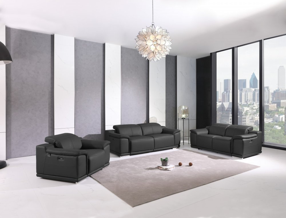 Conjunto de tres piezas para seis personas en cuero italiano gris oscuro para interiores