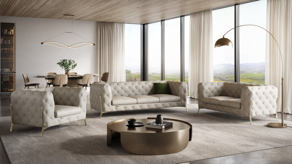 Conjunto de asientos para seis personas en cuero italiano beige de tres piezas para interiores