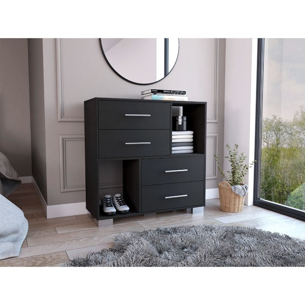 Cómoda de madera manufacturada negra de 35" con cuatro cajones y cubos