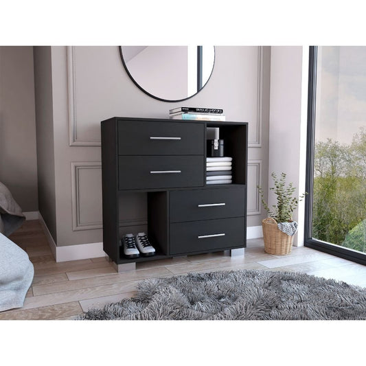Cómoda de madera manufacturada negra de 35" con cuatro cajones y cubos