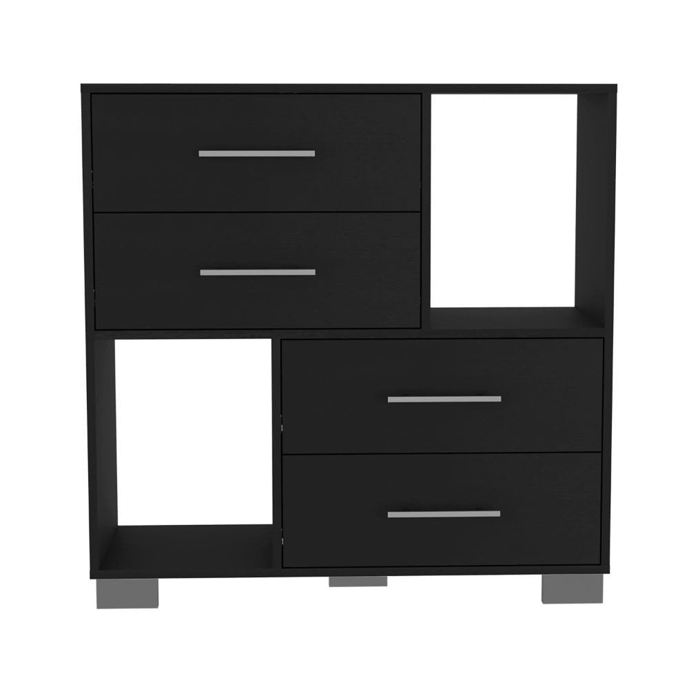 Cómoda de madera manufacturada negra de 35" con cuatro cajones y cubos