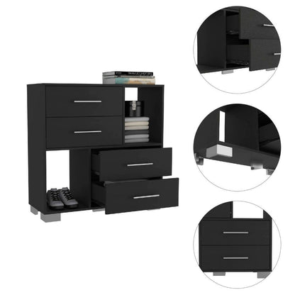 Cómoda de madera manufacturada negra de 35" con cuatro cajones y cubos