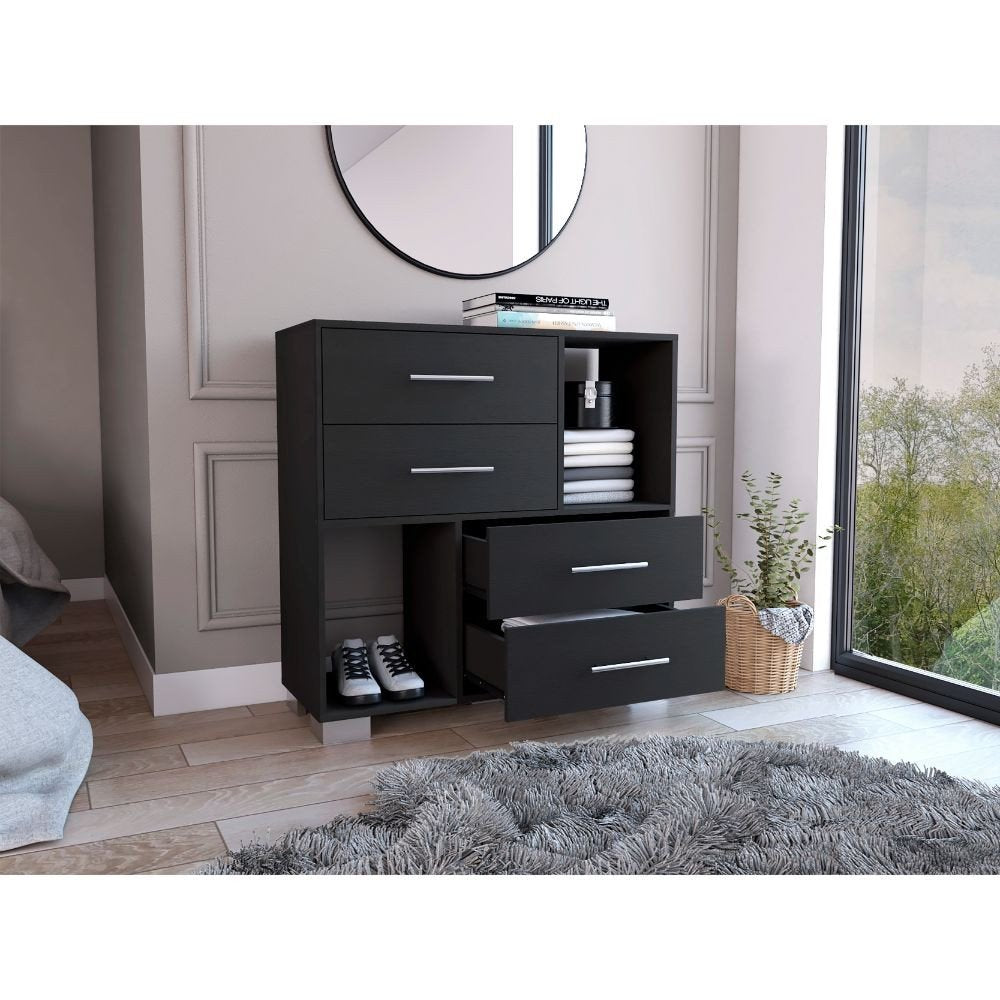 Cómoda de madera manufacturada negra de 35" con cuatro cajones y cubos