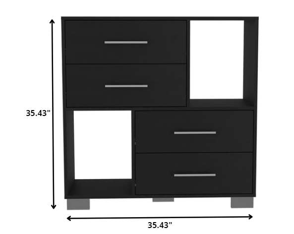 Cómoda de madera manufacturada negra de 35" con cuatro cajones y cubos