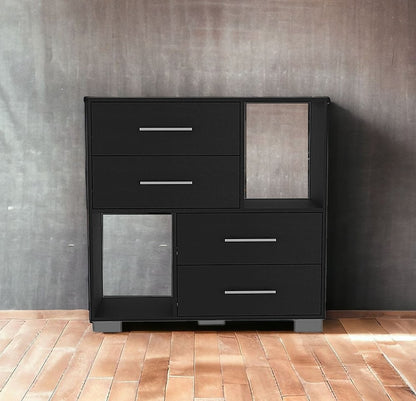Cómoda de madera manufacturada negra de 35" con cuatro cajones y cubos