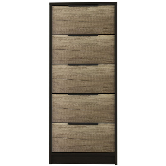 Cómoda de cinco cajones de madera manufacturada de 42" en roble claro y negro