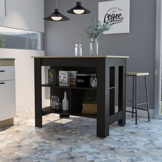 Isla de cocina de 41" en negro y natural con almacenamiento