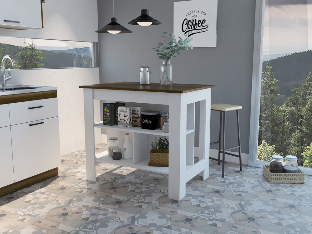 Isla de cocina blanca y marrón de 41" con almacenamiento