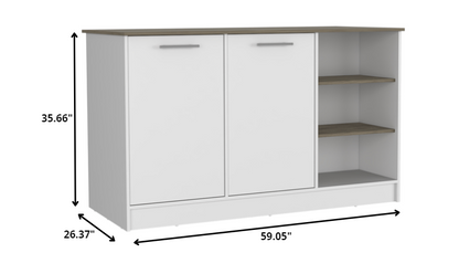 Isla de cocina blanca y marrón de 59" con almacenamiento