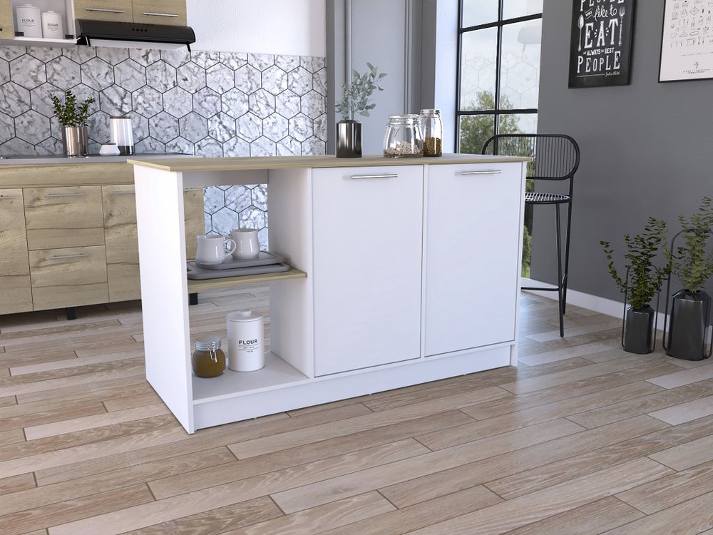 Isla de cocina blanca y marrón de 59" con almacenamiento