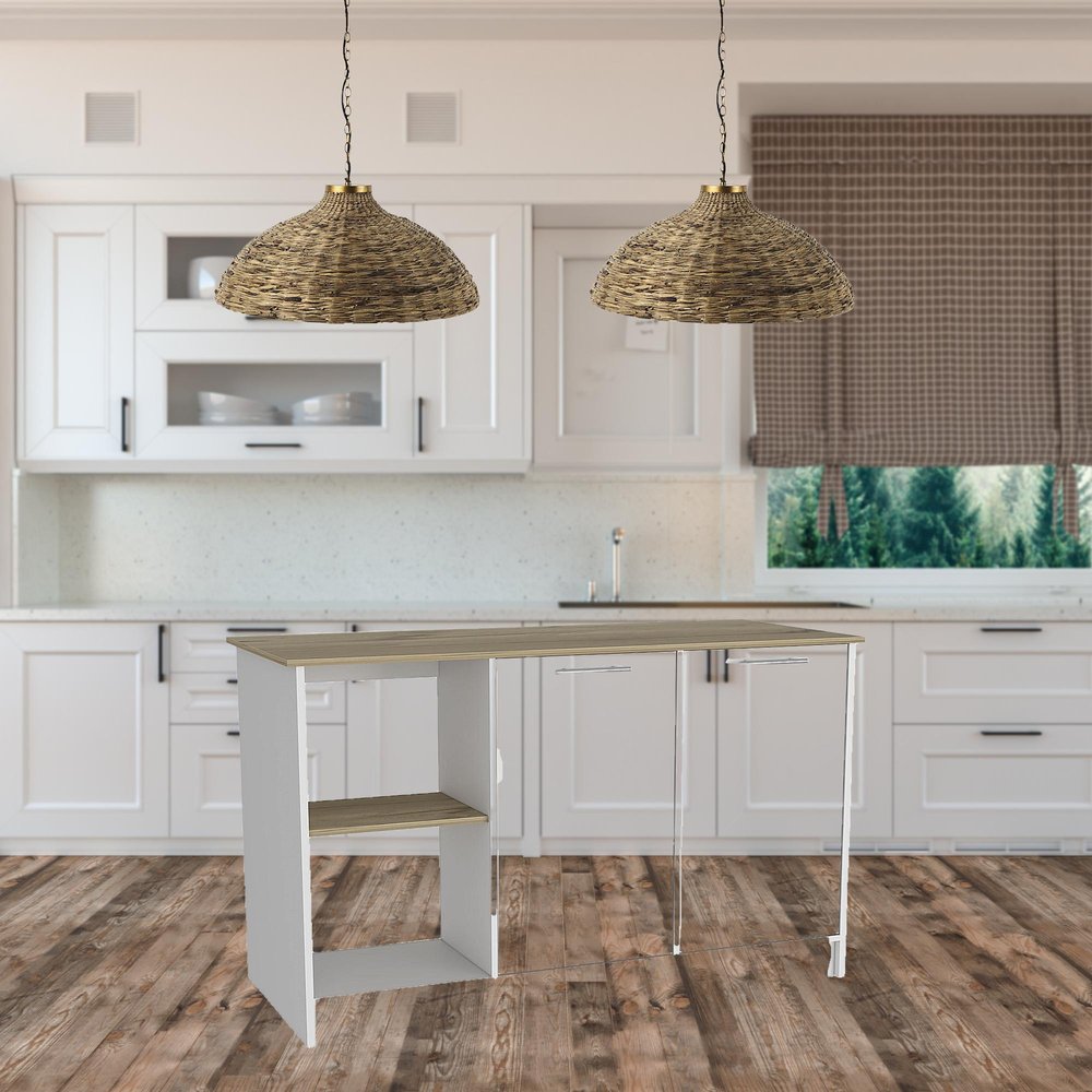 Isla de cocina blanca y marrón de 59" con almacenamiento