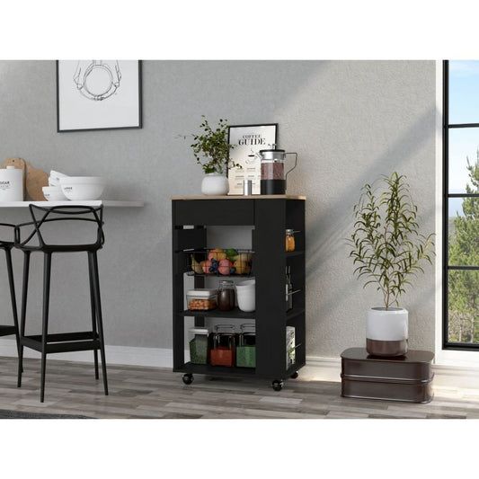Carrito de cocina con ruedas de 22" en color negro y natural con almacenamiento