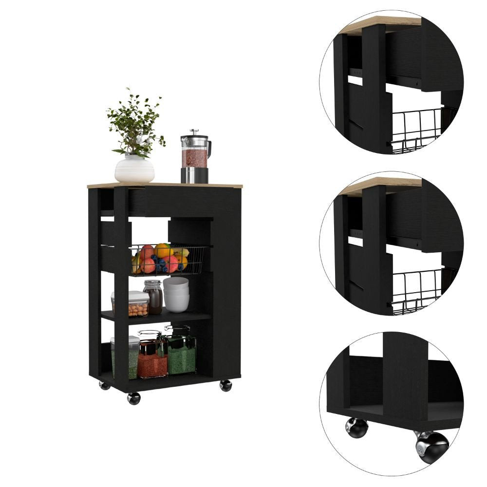Carrito de cocina con ruedas de 22" en color negro y natural con almacenamiento