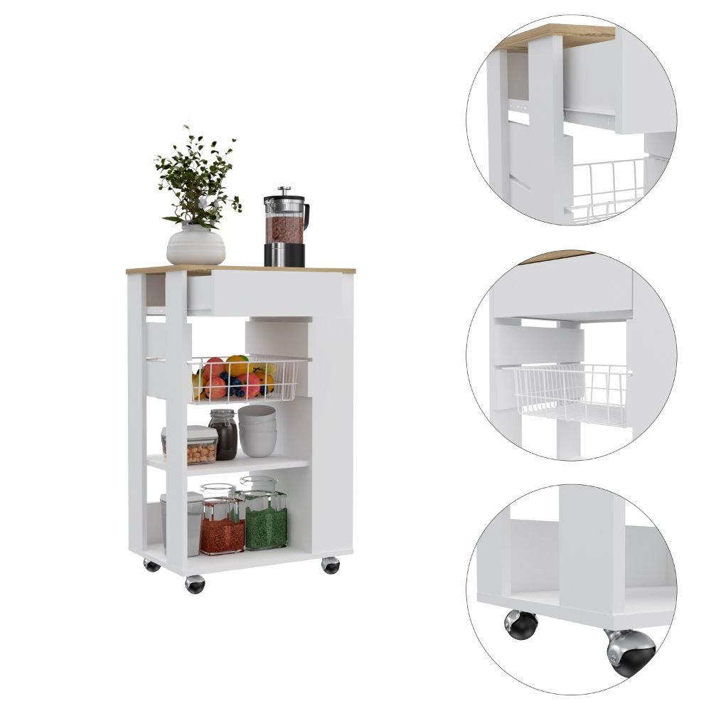 Carrito de cocina con ruedas de 22" blanco y marrón con almacenamiento