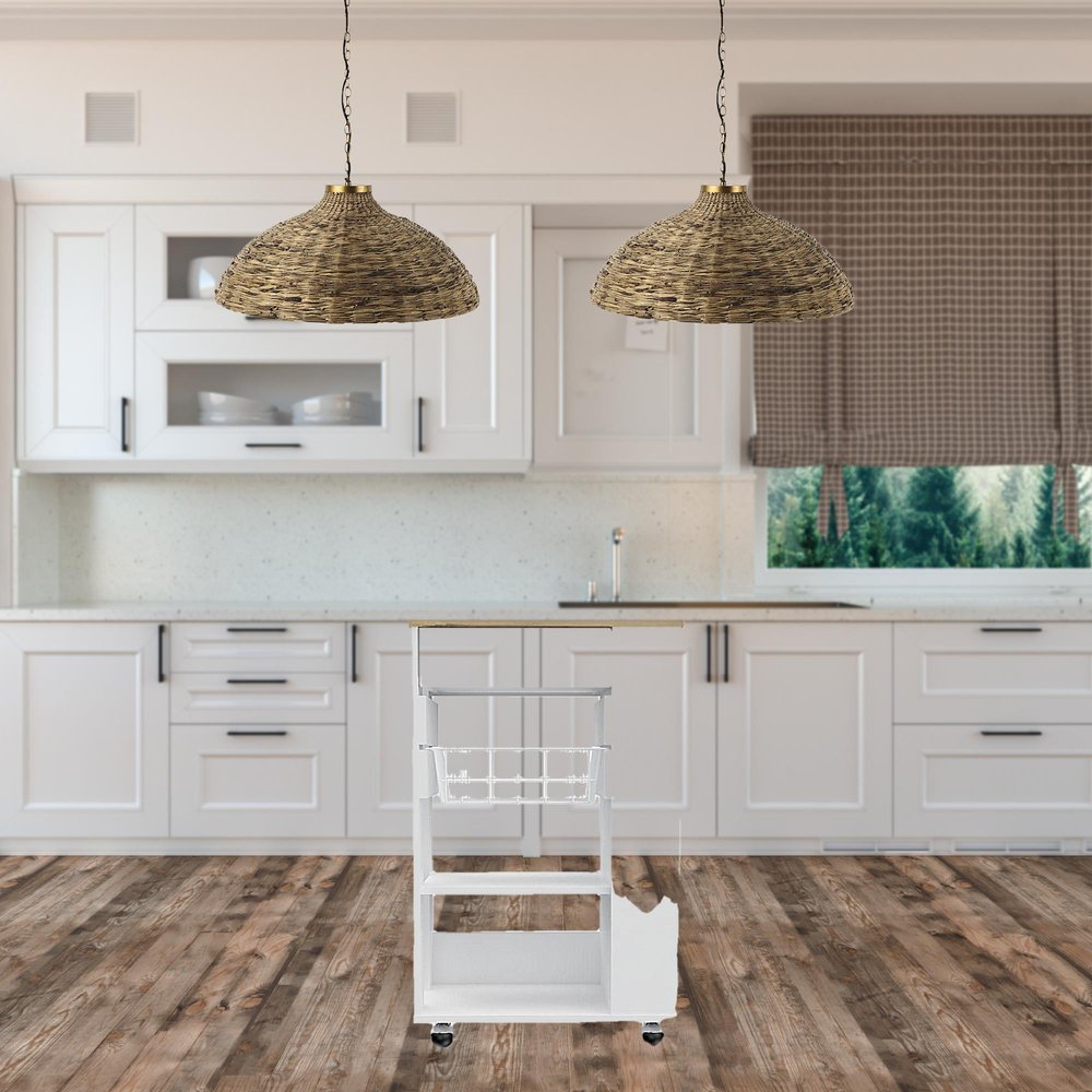 Carrito de cocina con ruedas de 22" blanco y marrón con almacenamiento