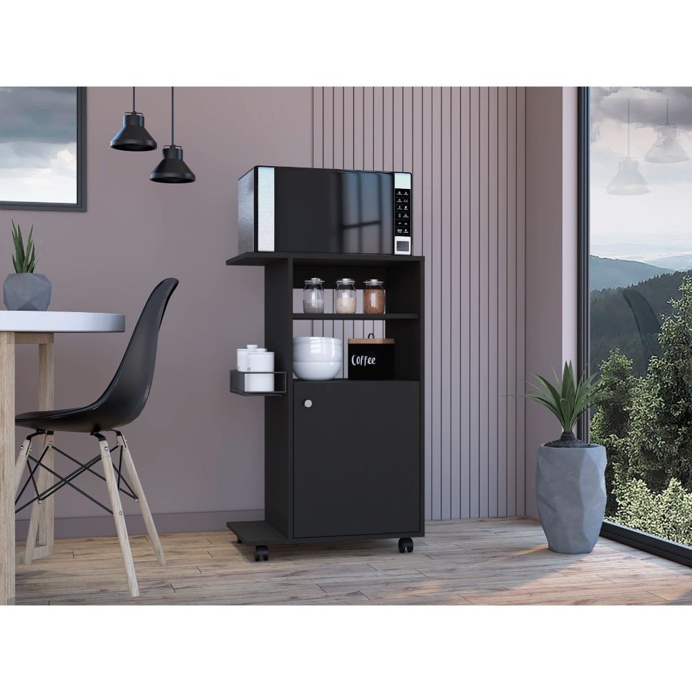 Carrito de cocina negro con ruedas de 24" y almacenamiento