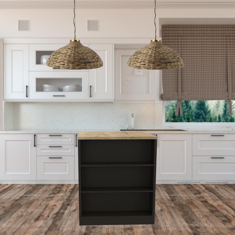 Isla de cocina de 36" en negro y natural con almacenamiento