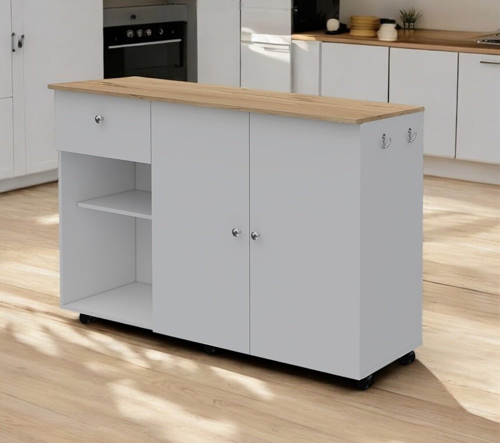 Isla de cocina rodante de 54" con espacio de almacenamiento, color blanco y natural