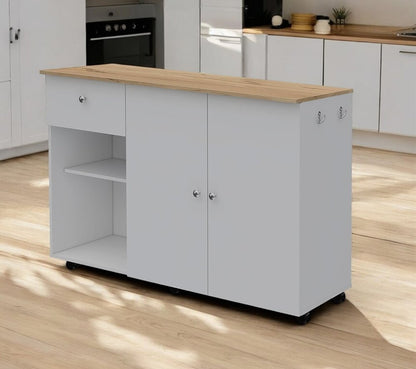 Isla de cocina rodante de 54" con espacio de almacenamiento, color blanco y natural