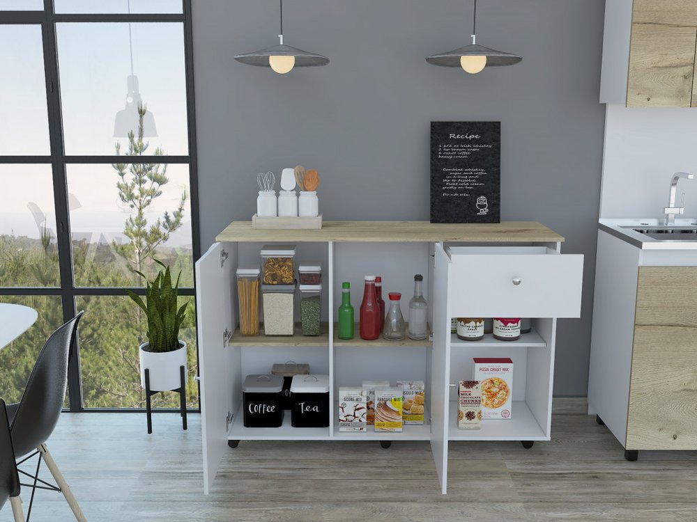 Isla de cocina rodante de 54" con espacio de almacenamiento, color blanco y natural