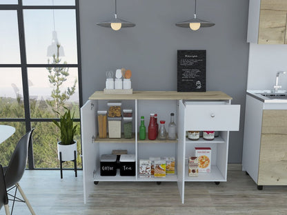 Isla de cocina rodante de 54" con espacio de almacenamiento, color blanco y natural