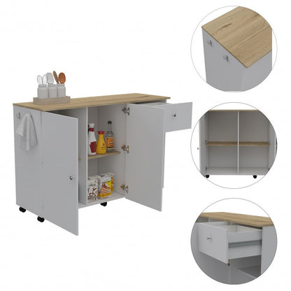 Isla de cocina rodante de 54" con espacio de almacenamiento, color blanco y natural