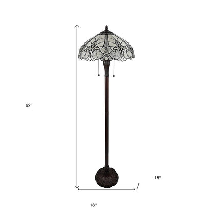 62" Dark Brown Two Light Torchiere Floor Lamp With White Fleur de Lis Glass Dome Shade